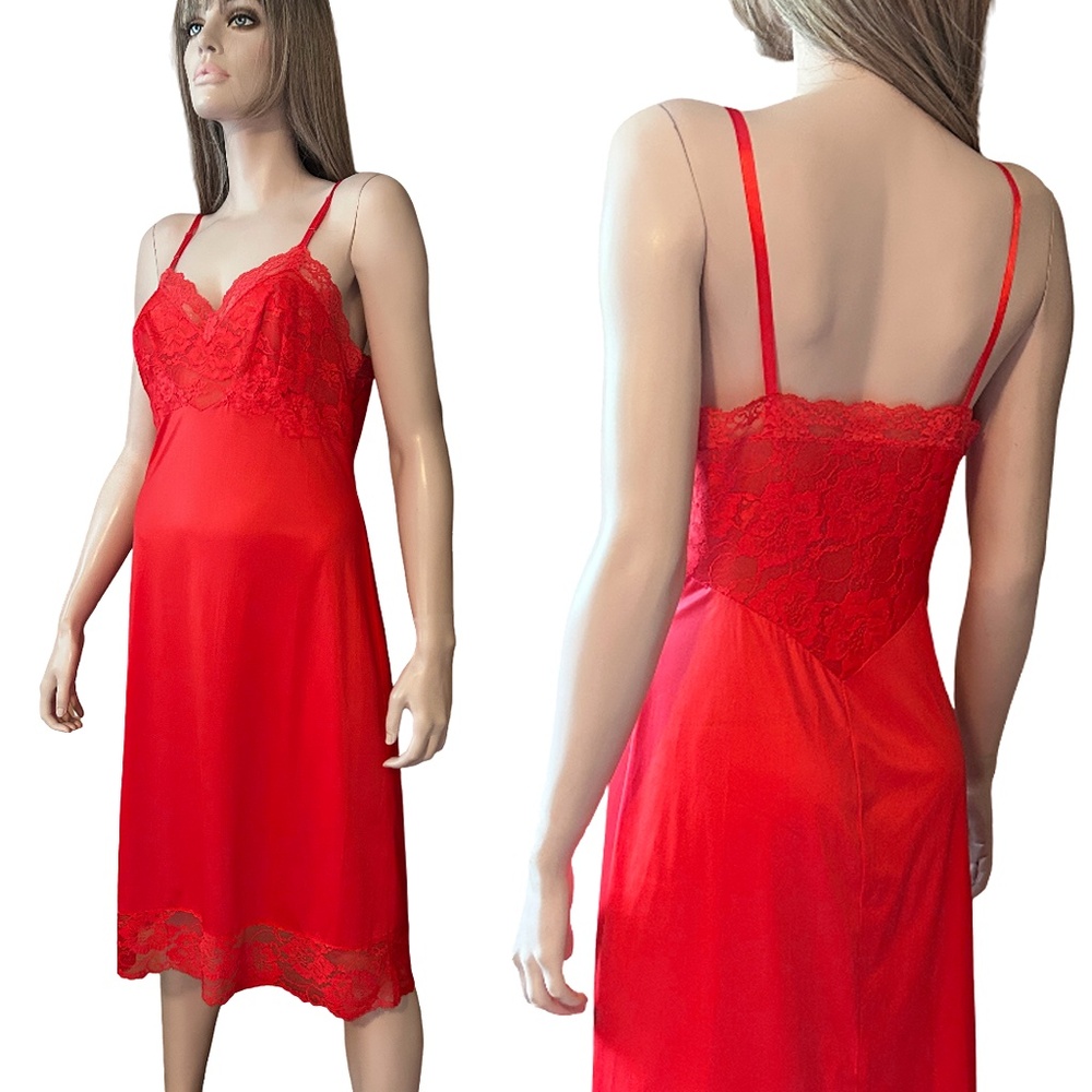 Vanity Fair Vtg 50s 60s Slip Chemise Lipstick Red Tricot Nylon Lace Bodice Lacy